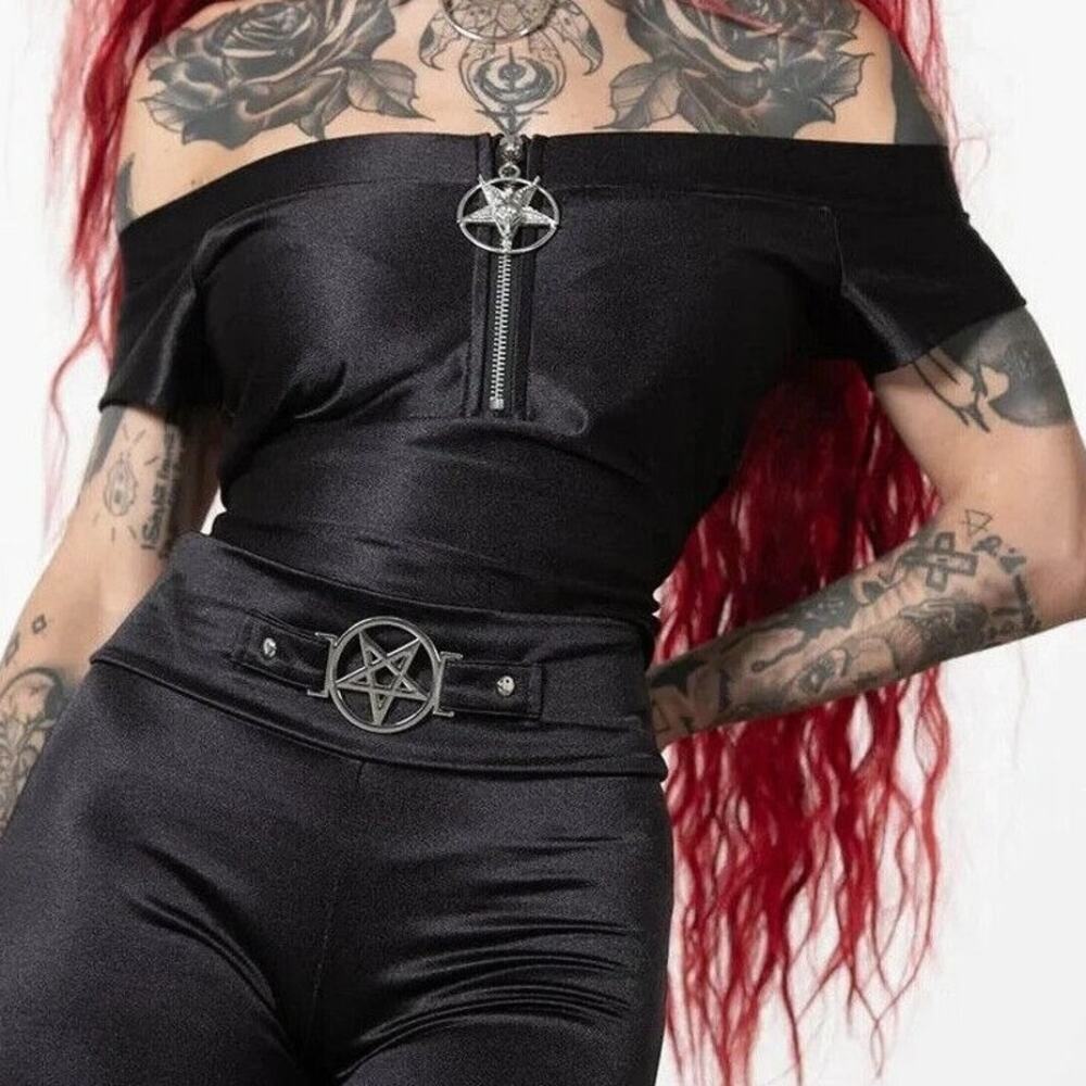 KILLSTAR Vervain Black Baphomet Zip Off Shoulder Top XXL Goth Occult Y2K
